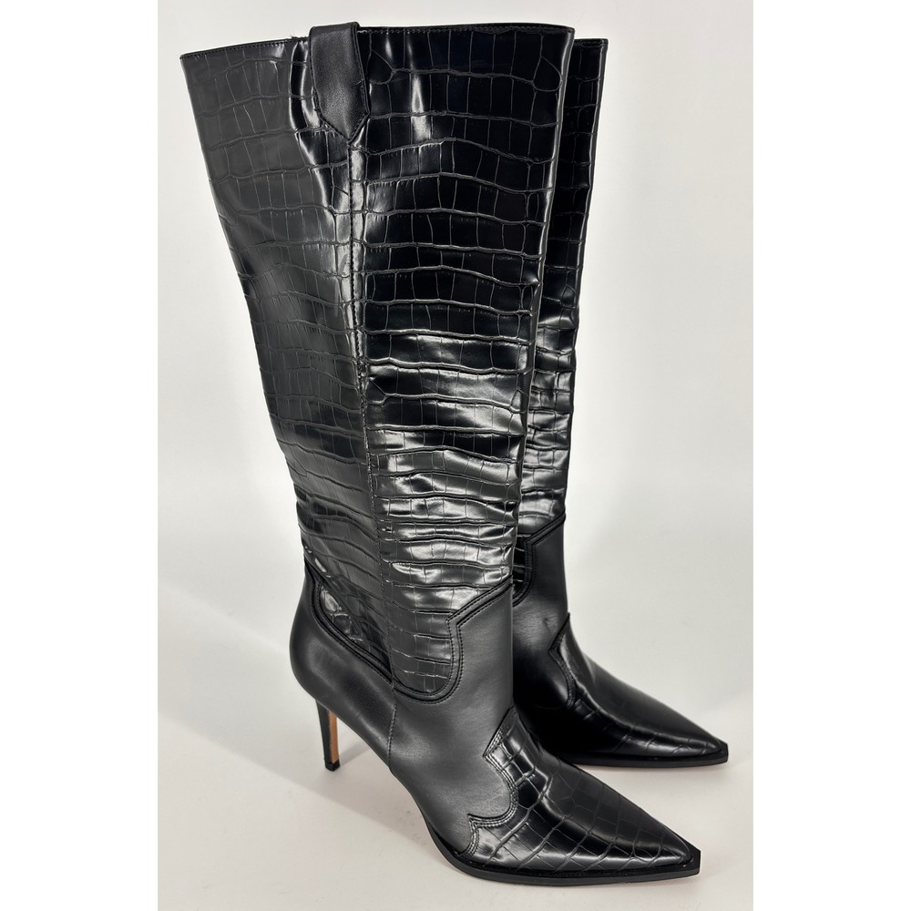 Steven By Steve Madden Lanza Knee High Boots Black Croc Women Size 10 Stiletto
